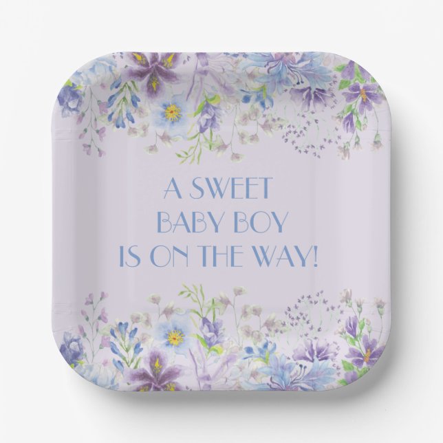 Purple and Blue Floral Boy Shower  Paper Plates (Front)