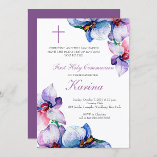 Purple and Blue Floral First Holy Communion Invitation