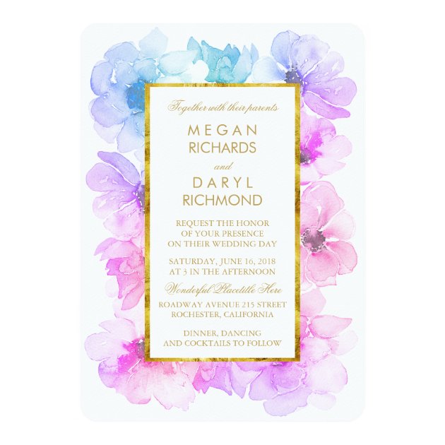Purple And Blue Floral Gold Frame Wedding Invitation