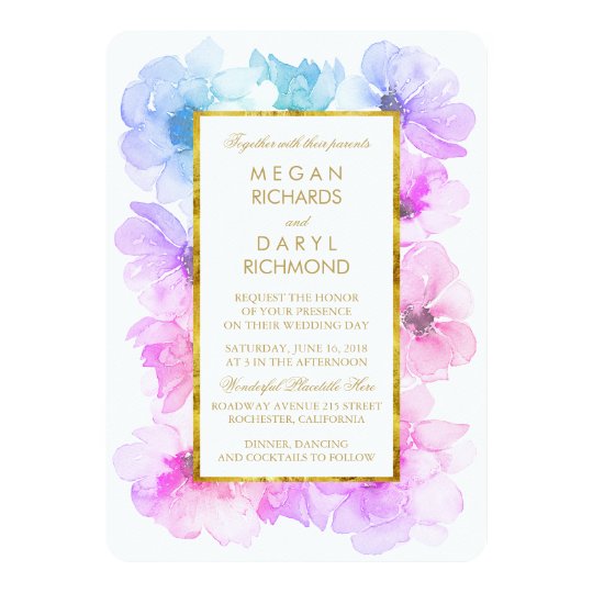Purple And Blue Fl Gold Frame Wedding Invitation Zazzle Purple And Blue Fl Gold Frame Wedding Invitation