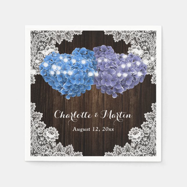 Purple and Blue Floral Hearts Wood Lace Wedding Napkins (Front)
