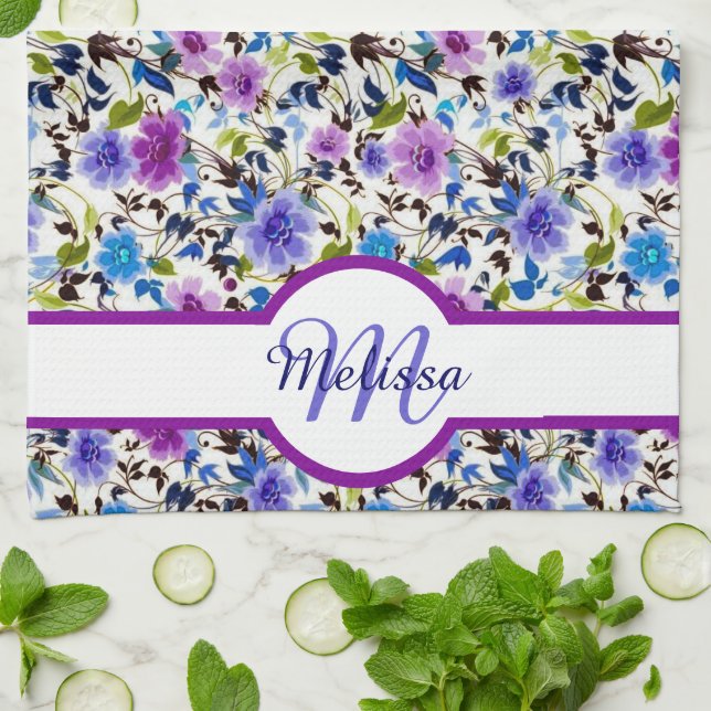 Purple and blue floral personalized kitchen towel (Folded)