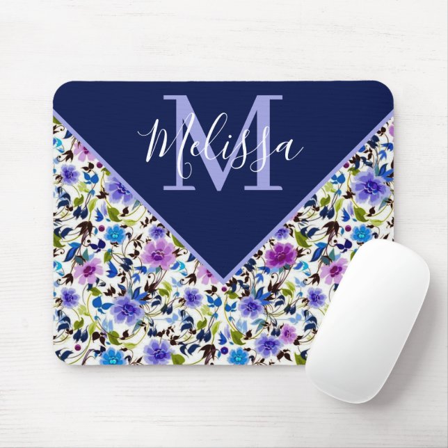 Purple and blue floral personalized   mouse pad (With Mouse)