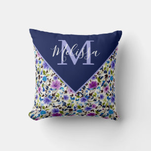 Purple and blue floral personalized throw pillow