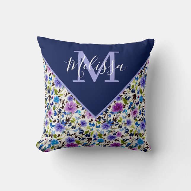 Purple and blue floral personalized  throw pillow (Front)