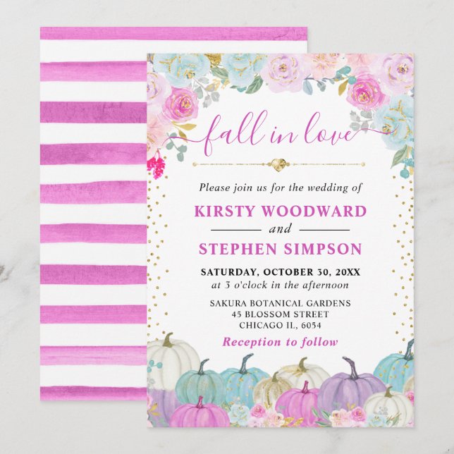 Purple and Blue Floral Pumpkin Fall Wedding Invitation (Front/Back)