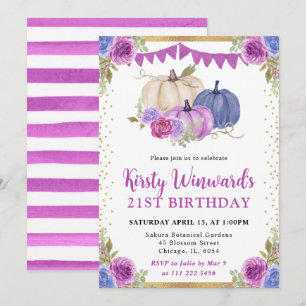 Purple and Blue Floral Pumpkins Fall 21st Birthday Invitation