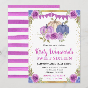 Purple and Blue Floral Pumpkins Fall Sweet 16 Invitation