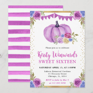 Purple and Blue Floral Pumpkins Fall Sweet 16 Invitation