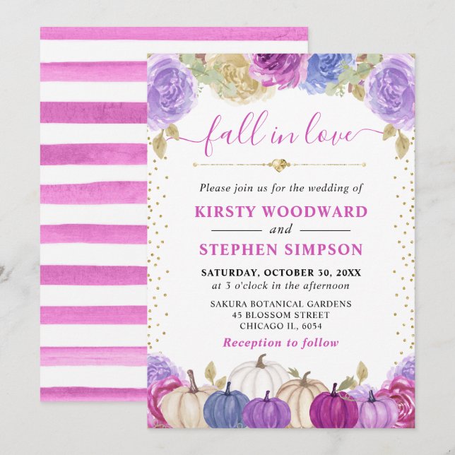 Purple and Blue Floral Pumpkins Fall Wedding Invitation (Front/Back)