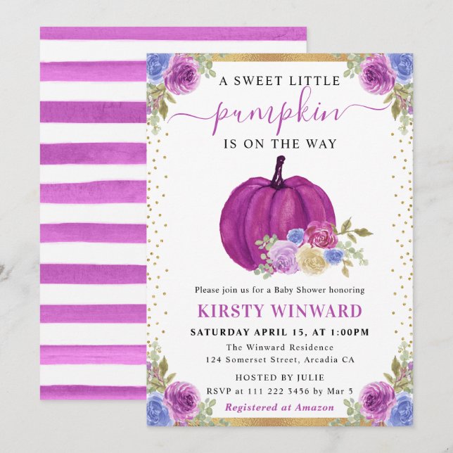 Purple and Blue Floral Pumpkins Fall Wedding Invitation (Front/Back)