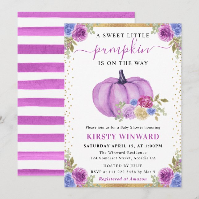 Purple and Blue Floral Pumpkins Fall Wedding Invitation (Front/Back)