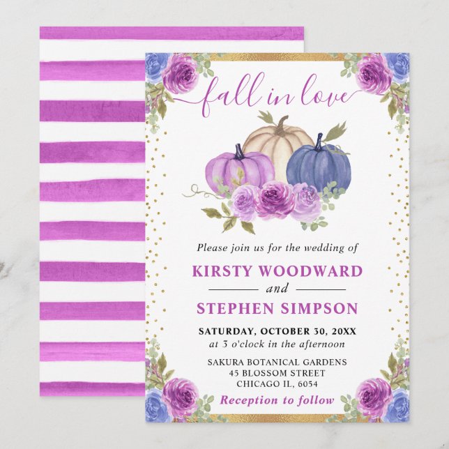 Purple and Blue Floral Pumpkins Fall Wedding Invitation (Front/Back)