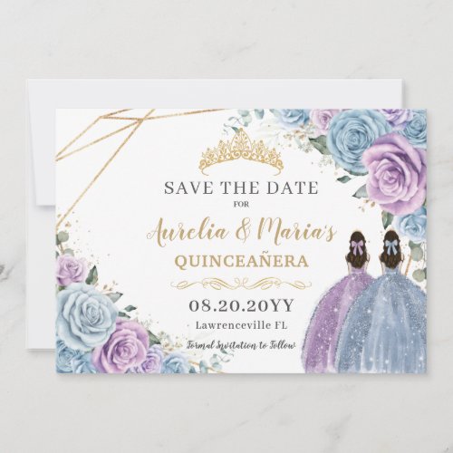 Purple and Blue Floral Twins Quinceanera Sweet 16 Save The Date