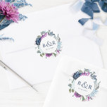 Purple and Blue Floral Wedding Envelope / Favor Classic Round Sticker<br><div class="desc">Elegant monogrammed wedding envelope seal or favor sticker with gorgeous watercolor floral detail in a beautiful blend of purple and blue hues. Center in white with initials and second text line in blue tone. Two size options and several shape options to choose from. Bottom text line can be used for...</div>