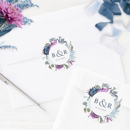 Purple and Blue Floral Wedding Envelope  Favor Classic Round Sticker
