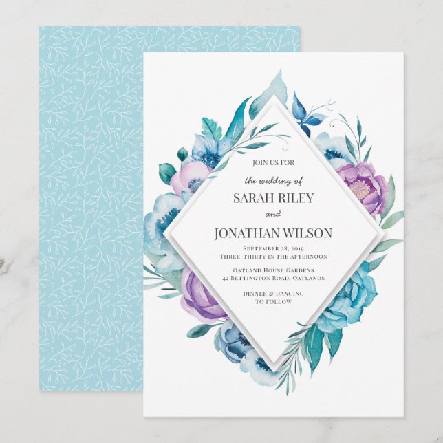 Purple and Blue Floral Wedding invitation (Front/Back)