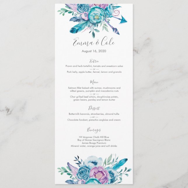 Purple and Blue floral Wedding Menu / Program Card (Front)