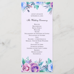 Purple and blue floral wedding. Watercolor flowers Program