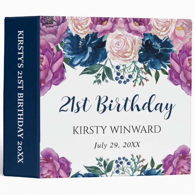Purple and Blue Flowers Birthday Photo Album 3 Ring Binder (Front/Spine)