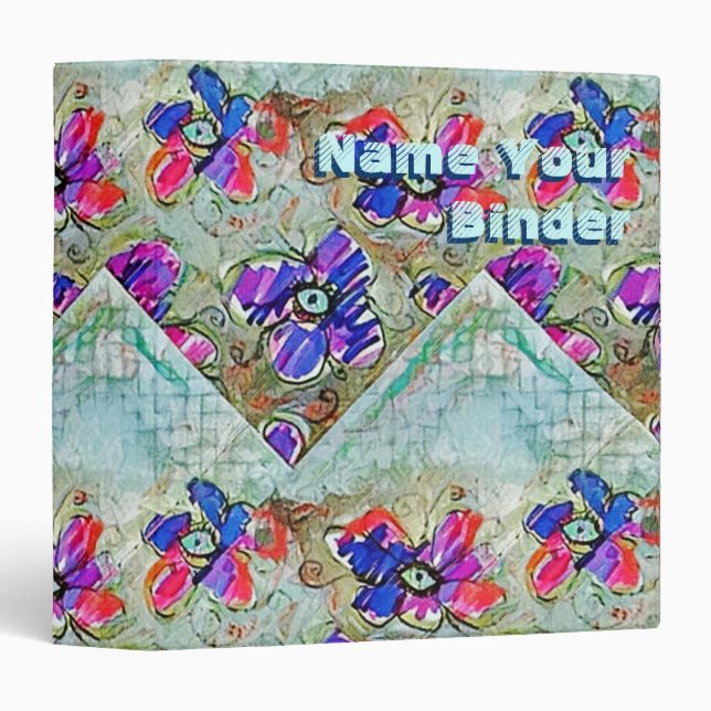 Purple and Blue Flowers Squares Zigzags 3 Ring Binder (Front/Spine)