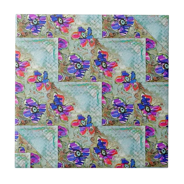 Purple and Blue Flowers Squares Zigzags Ceramic Tile (Front)