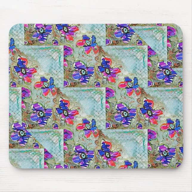 Purple and Blue Flowers Squares Zigzags Mouse Pad (Front)
