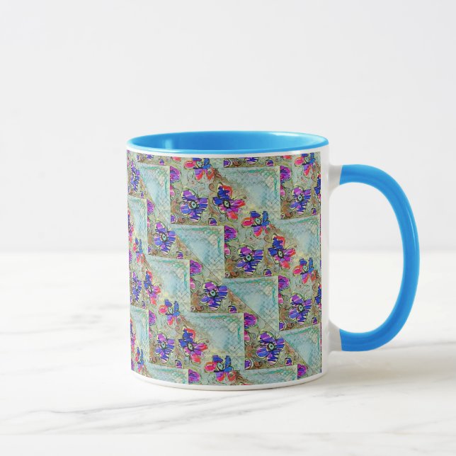 Purple and Blue Flowers Squares Zigzags Mug (Right)