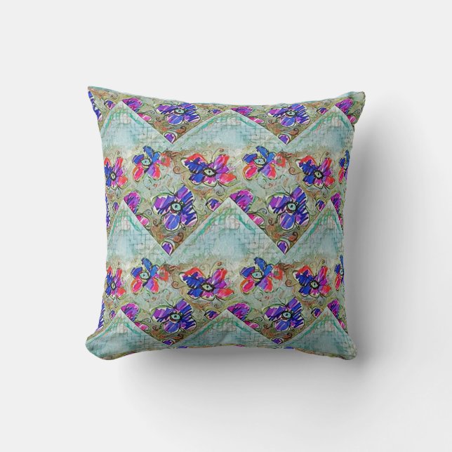 Purple and Blue Flowers Squares Zigzags Throw Pillow (Front)