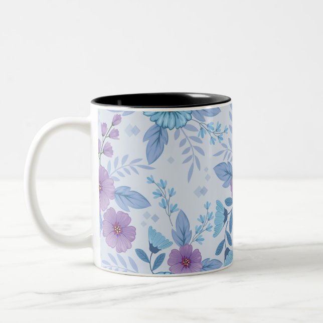 Purple and Blue Flowers  Two-Tone Coffee Mug (Left)