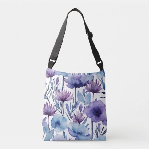 Purple And Blue Flowers Watercolor Floral Design Crossbody Bag