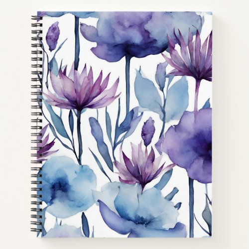 Purple And Blue Flowers Watercolor Floral Design Notebook