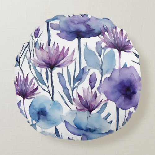 Purple And Blue Flowers Watercolor Floral Design Round Pillow