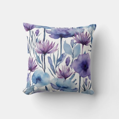 Purple And Blue Flowers Watercolor Floral Design Throw Pillow