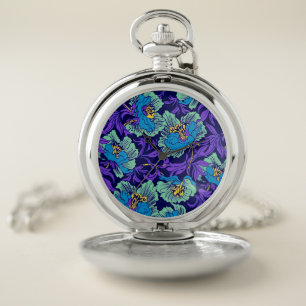 Purple and Blue Flowers William Morris Pocket Watch