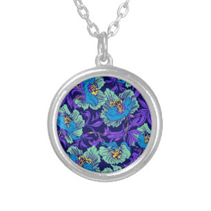 Purple and Blue Flowers William Morris Silver Plated Necklace