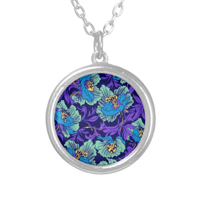 Purple and Blue Flowers William Morris Silver Plated Necklace (Front)