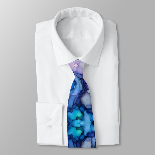 Purple and Blue Fluid Ink Abstract Dreamy Bold Neck Tie (Tied)