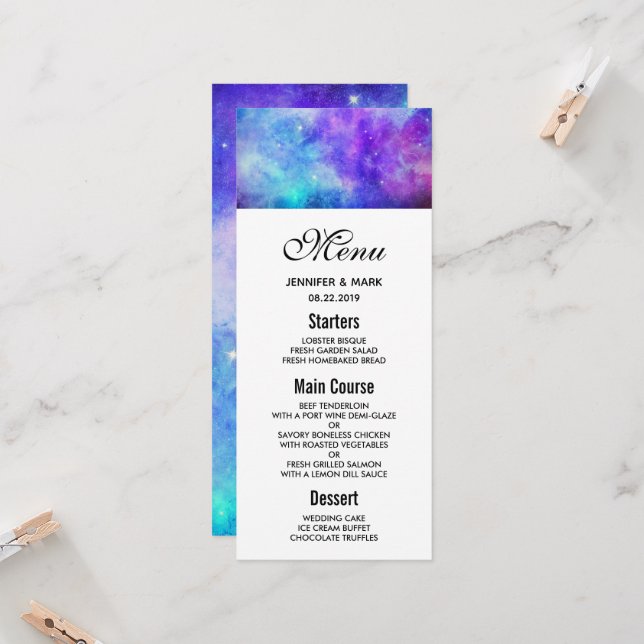 Purple and Blue Galaxy Space Abstract Wedding Menu Invitation (Front/Back In Situ)