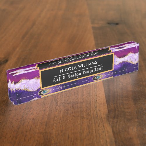 Purple and Blue Glitter Peacock Agate Desk Name Plate