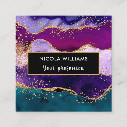 Purple and Blue Glitter Peacock Agate Square Business Card