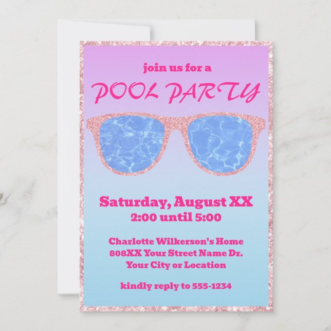 Purple and Blue Gradient Tropical Pool Party Invitation (Front)