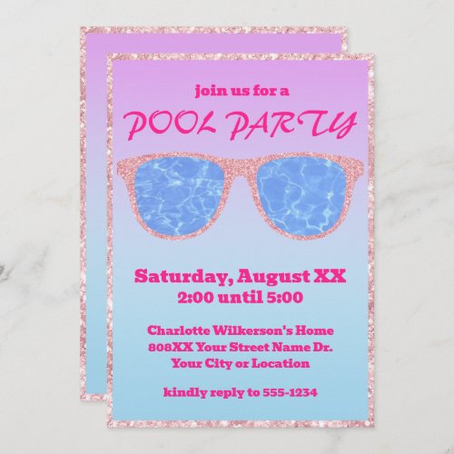 Purple and Blue Gradient Tropical Pool Party Invitation