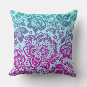 Purple And Blue-Green Floral Damasks Throw Pillow
