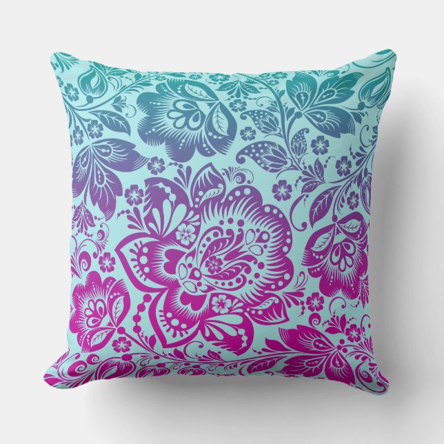 Purple And Blue-Green Floral Damasks Throw Pillow (Front)