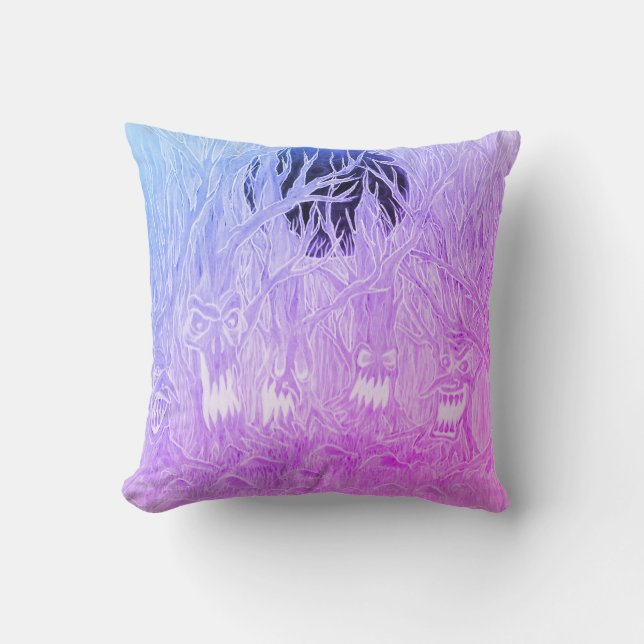 Purple and Blue Halloween Full Moon Forest Throw Pillow (Front)