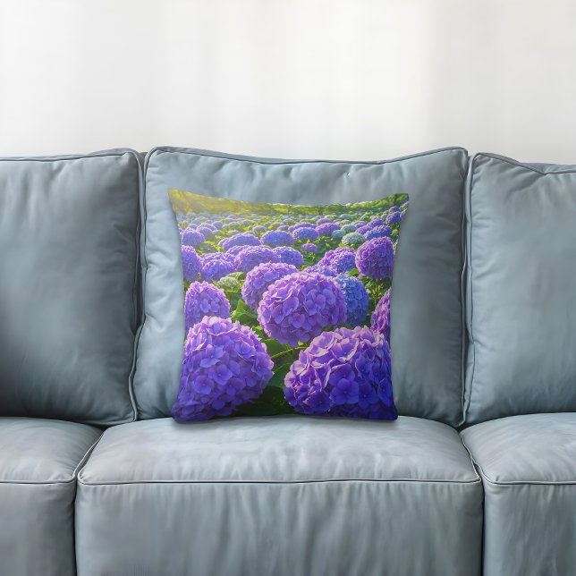 Purple and Blue Hydrangeas Throw Pillow (Throw pillow with purple and blue hydrangeas)