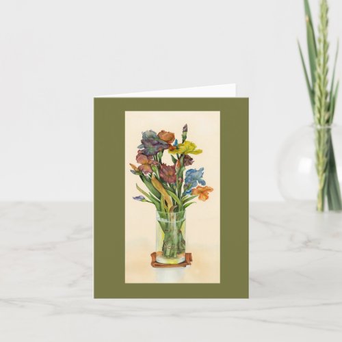 Purple and Blue Irises in Vase card