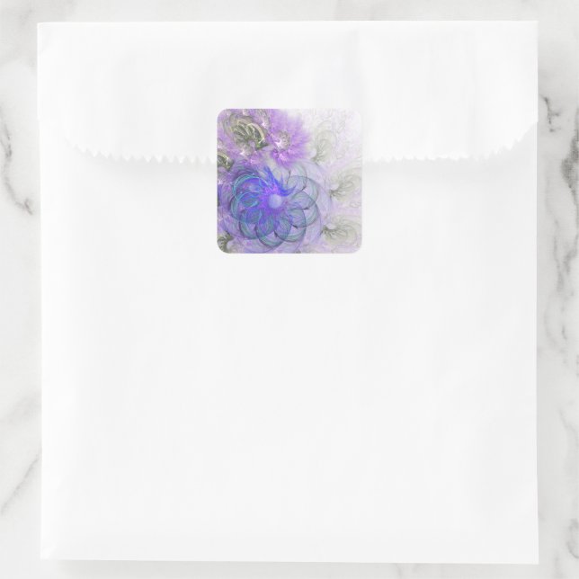 Purple and Blue Lacy Abstract Flower Design Square Sticker (Bag)