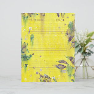 Purple and Blue Leaves on Yellow, Lined Stationery